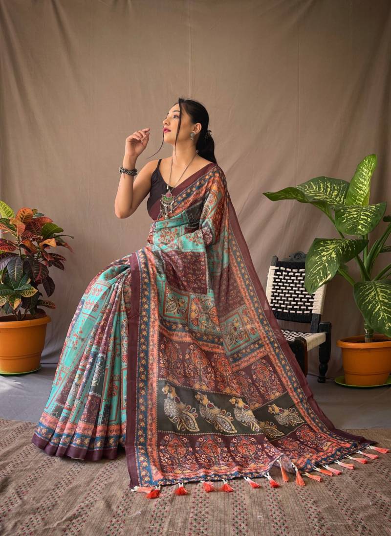 "Multicolor Digital Print Soft Linen Saree with Tassels"