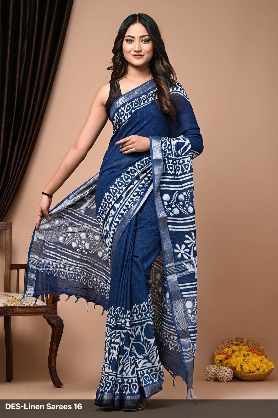 Maroon & White Batik Print Linen Saree