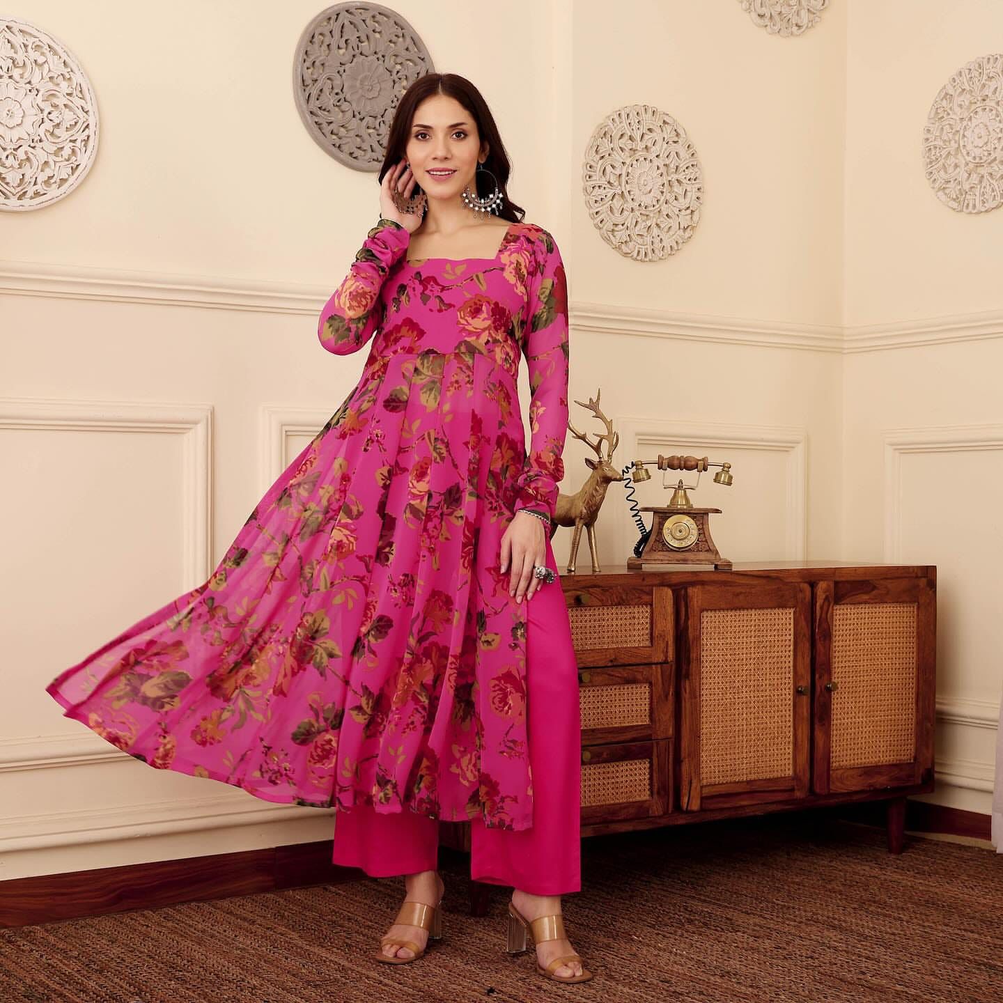 Pink SKYFABLOOM Print Flared Anarkali Dress