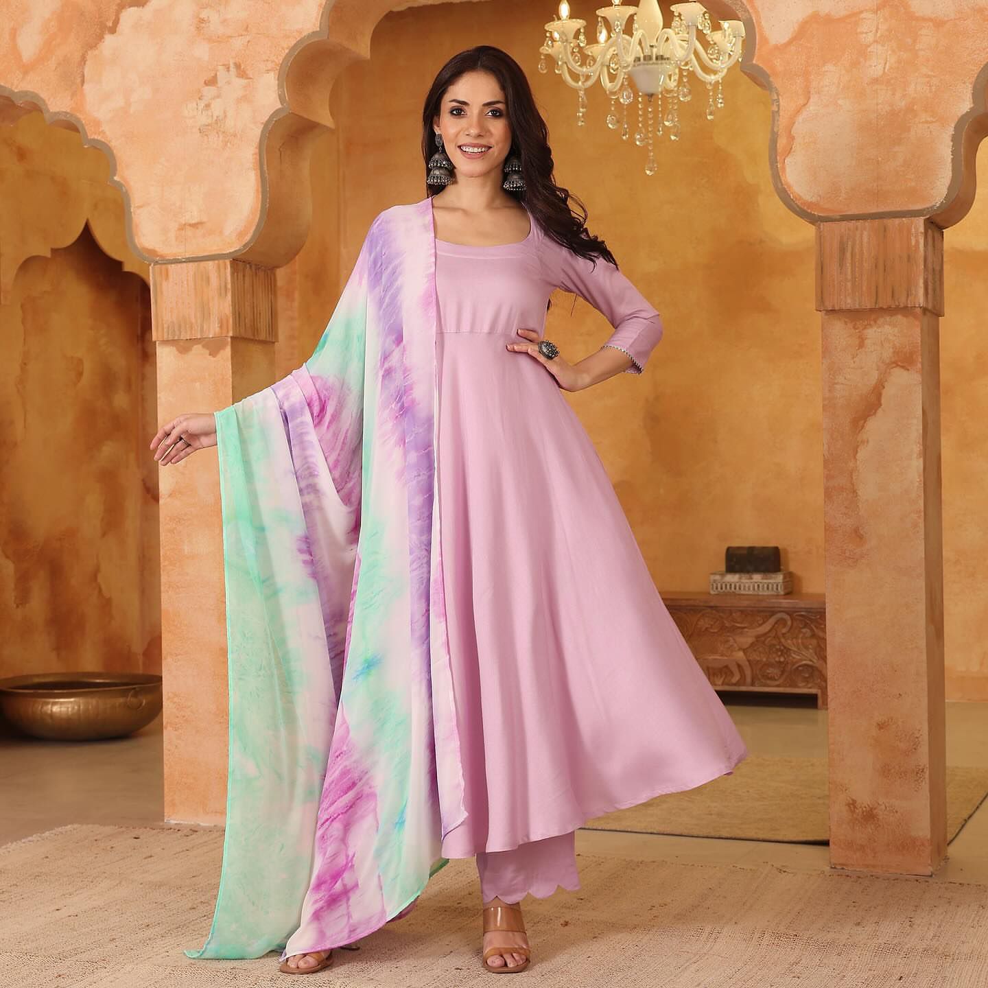 Lilac Solid Anarkali with Shibori Dupatta