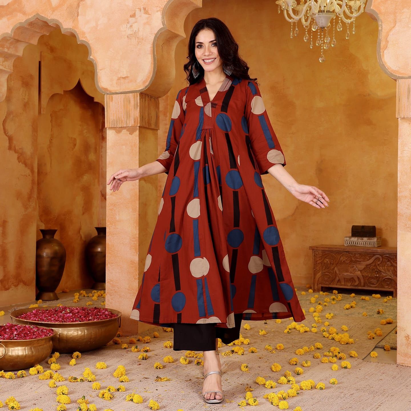 Rust Brown Abstract Printed A-Line Kurta Set