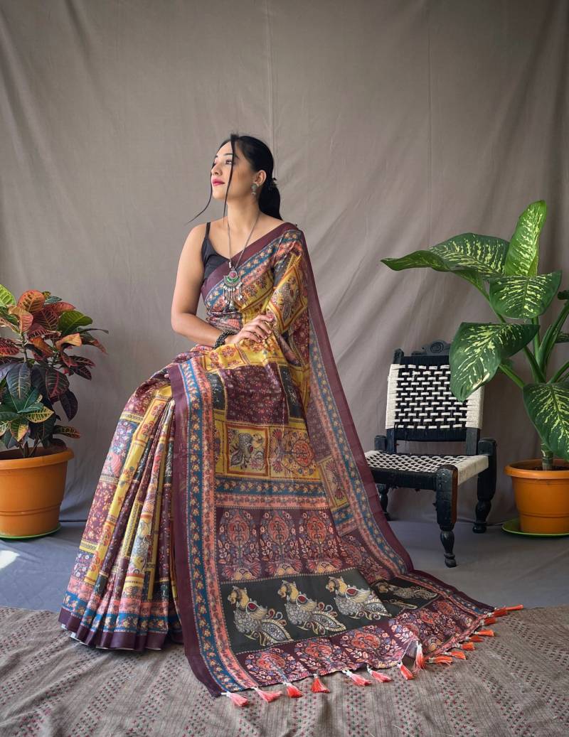 "Multicolor Digital Print Soft Linen Saree with Tassels"