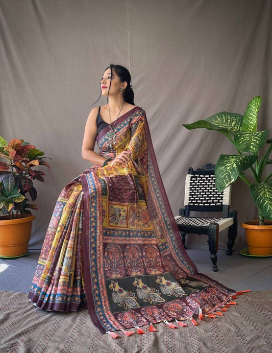 "Multicolor Digital Print Soft Linen Saree with Tassels"