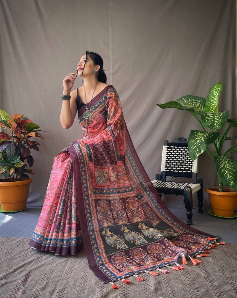 "Multicolor Digital Print Soft Linen Saree with Tassels"