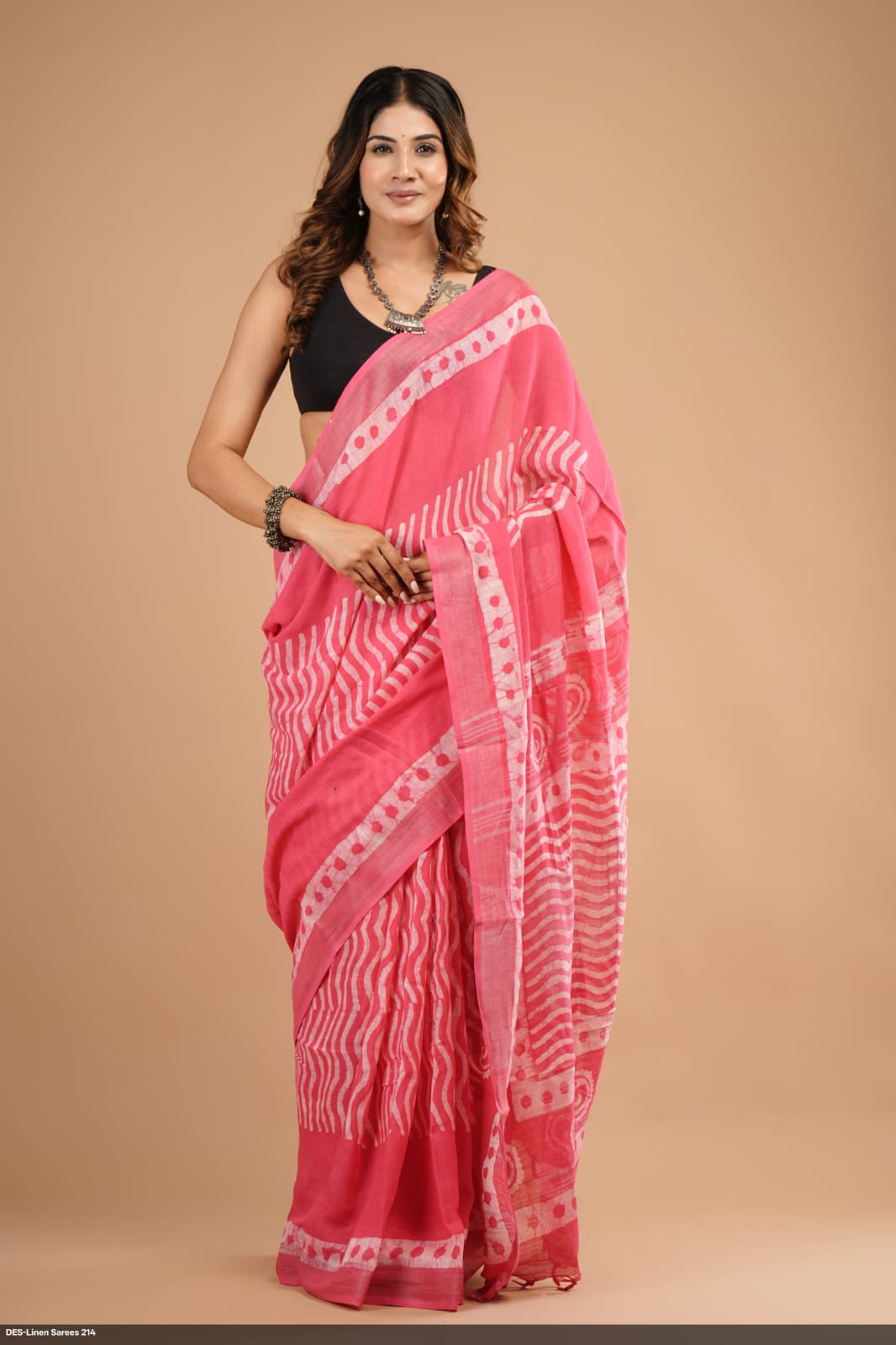 Printed Soft Linen Saree with Tassels"