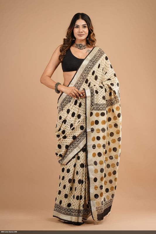 Beige Linen Saree with Black & Gold Polka Dot Print