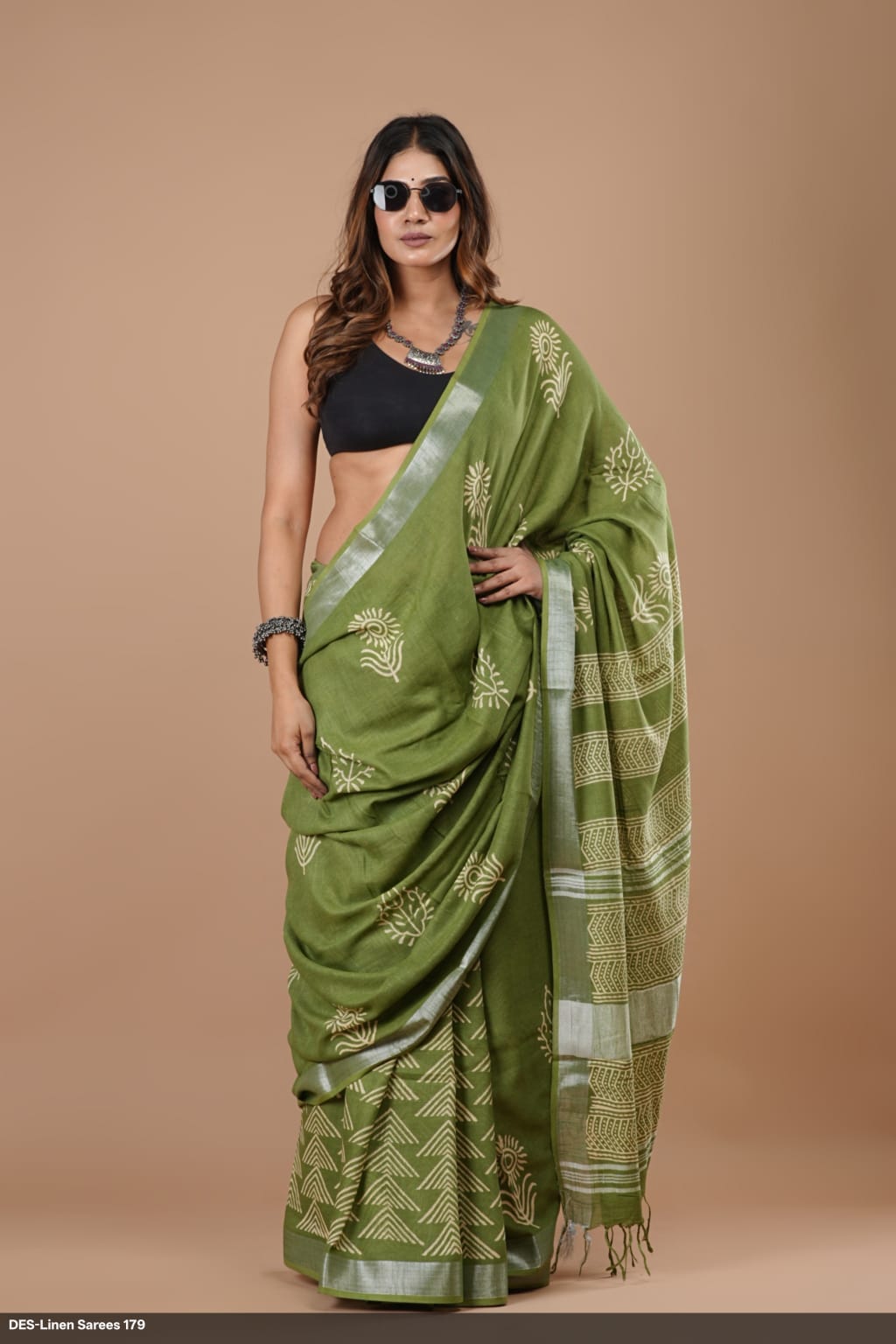 Emerald Green Batik Print Linen Saree