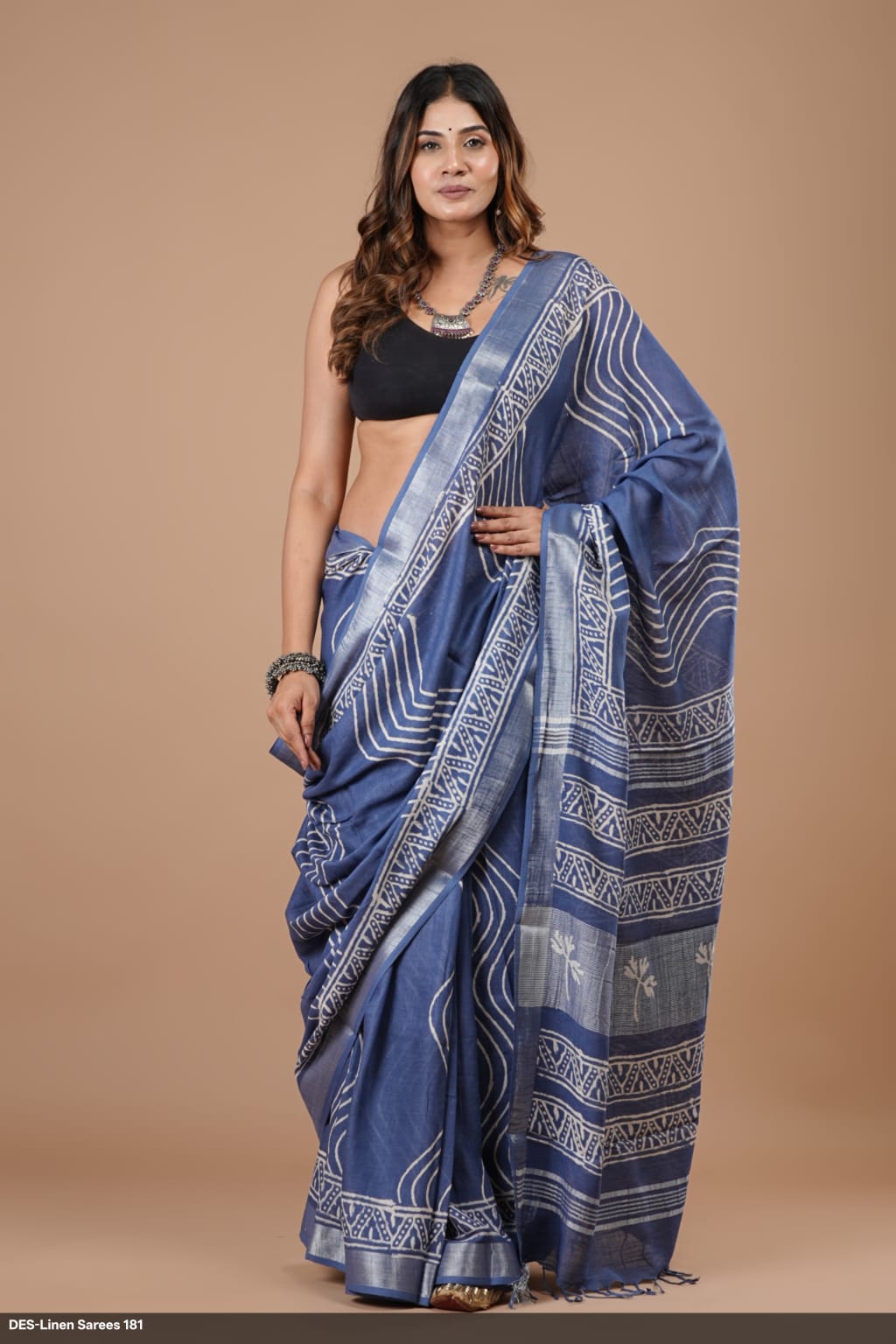 Printed Soft Linen Saree with Tassels"