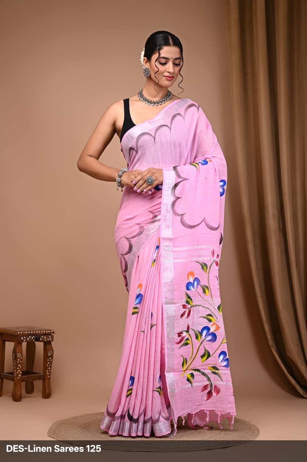 Printed Soft Linen Saree with Tassels"