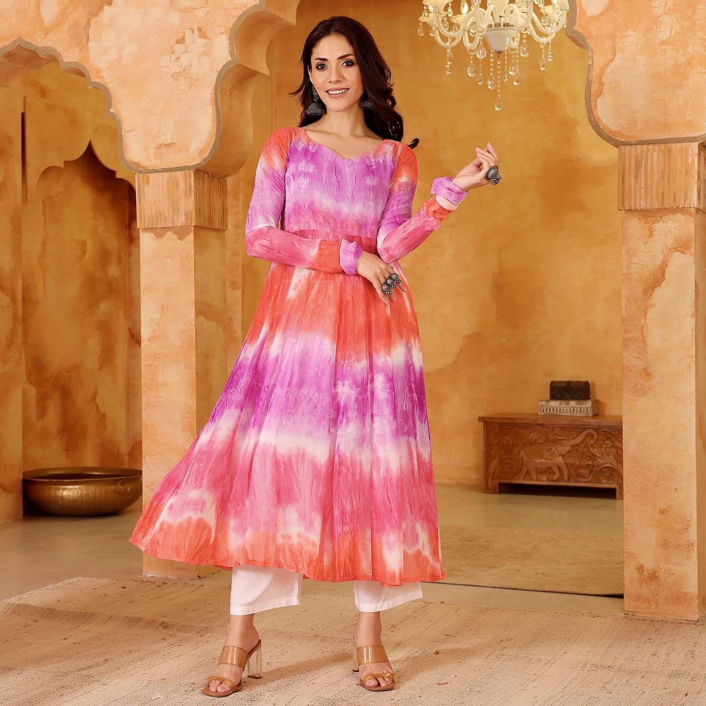 The Sunset Splash Pink and Orange Tie-Dye Anarkali