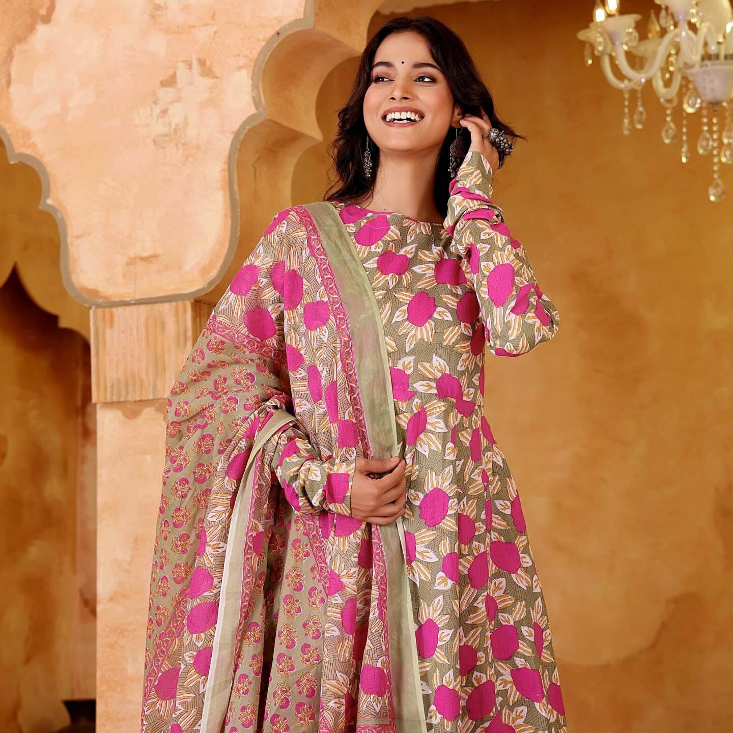 The Desert Rose  Pink and Beige Anarkali Setv