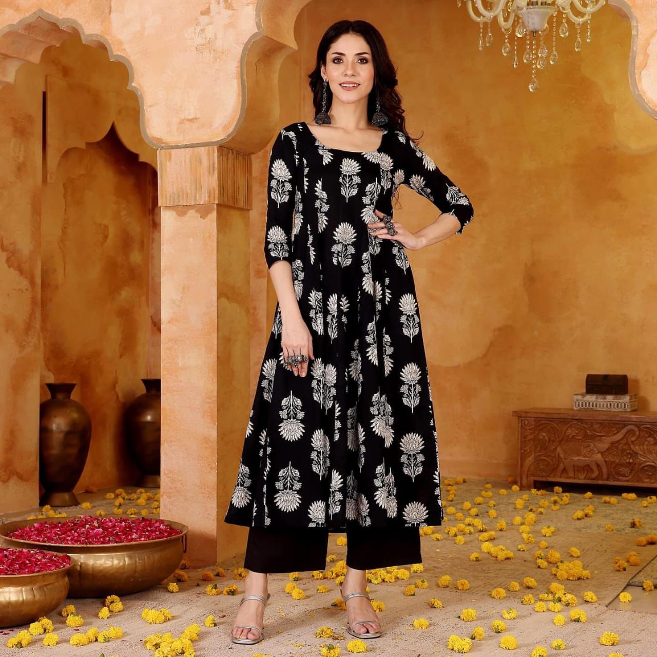 The Monochrome Black Bloom Cotton Anarkali set