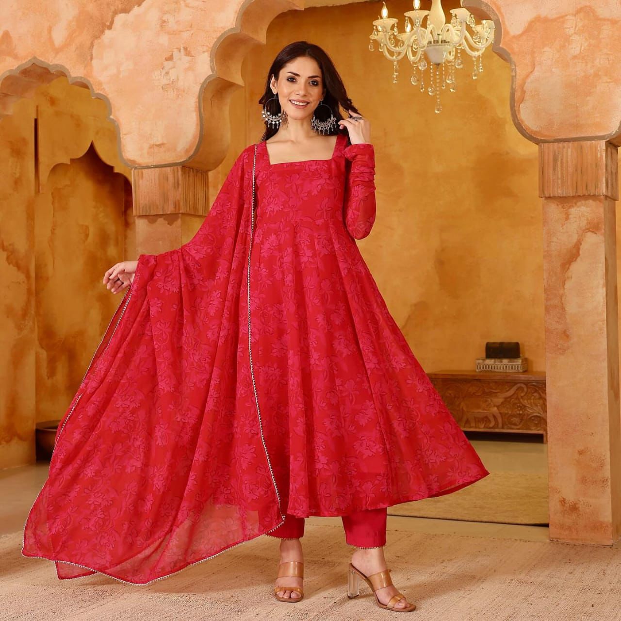 Ruby Red Jaquard Flared Suit