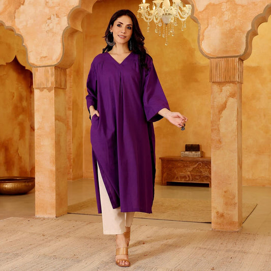The Jaipur Breeze Linen Ensemble, V-Neck High-Slit Relaxed Fit Kurta