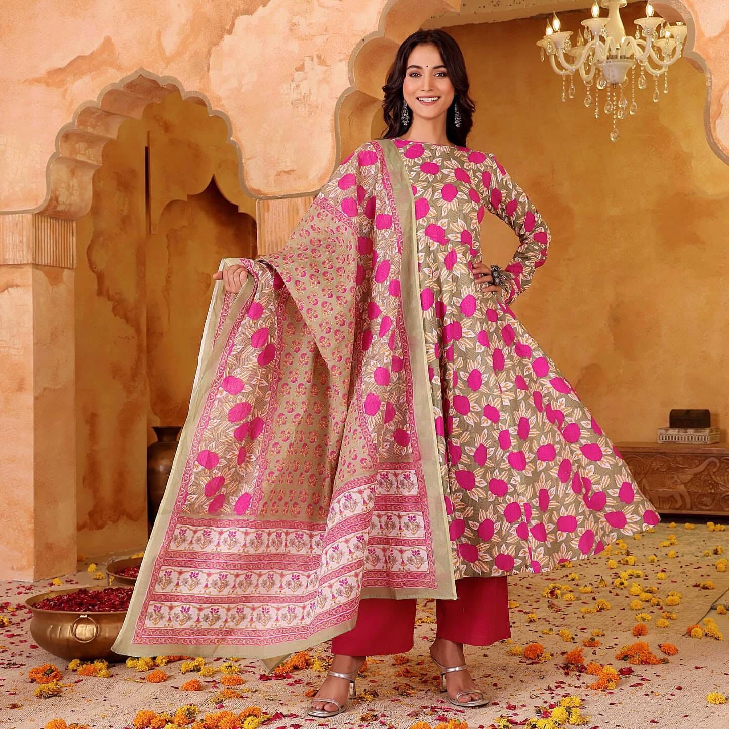 The Desert Rose  Pink and Beige Anarkali Setv