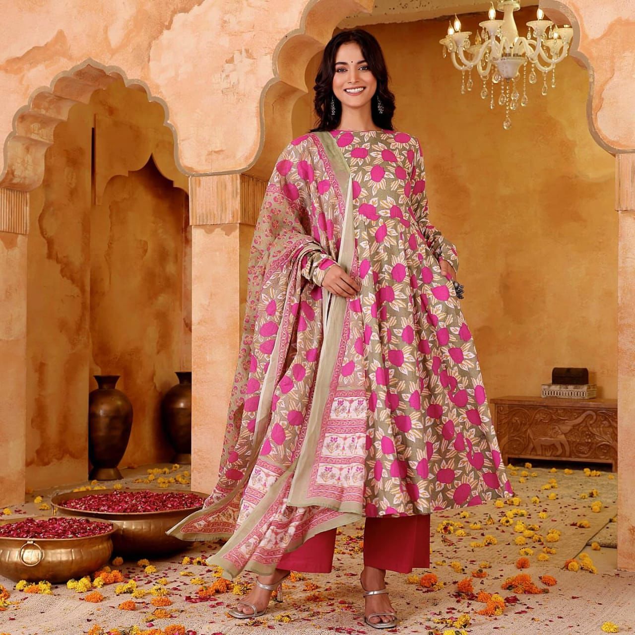 The Desert Rose  Pink and Beige Anarkali Setv