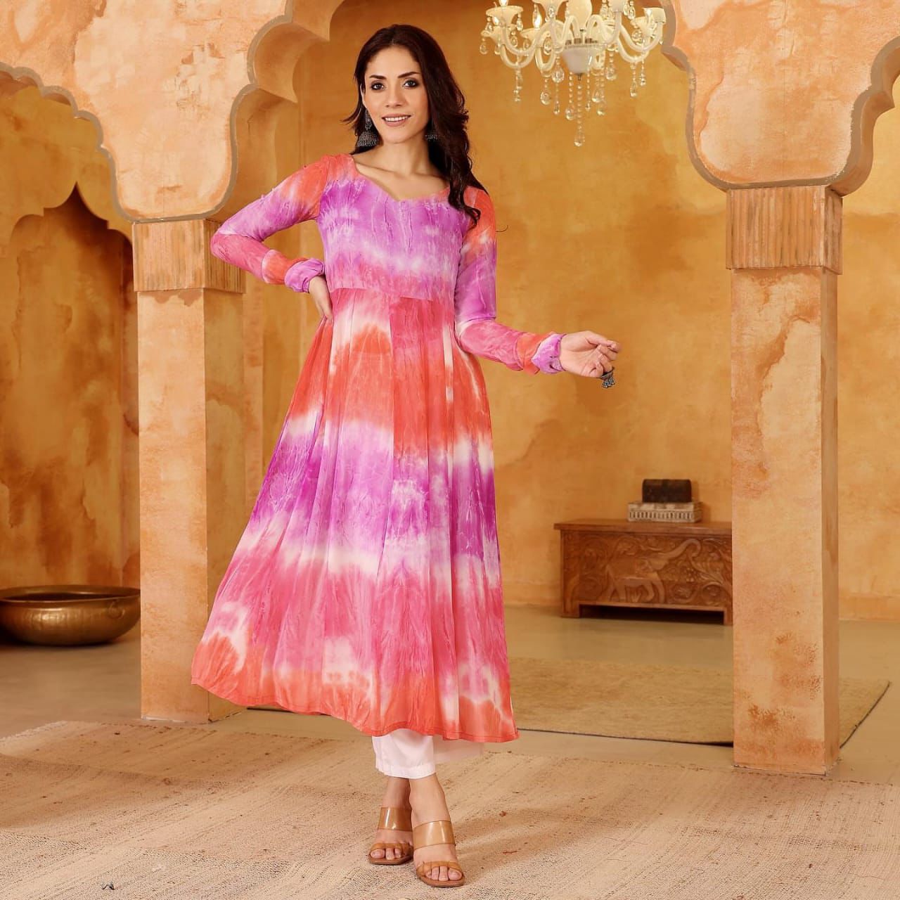 The Sunset Splash Pink and Orange Tie-Dye Anarkali