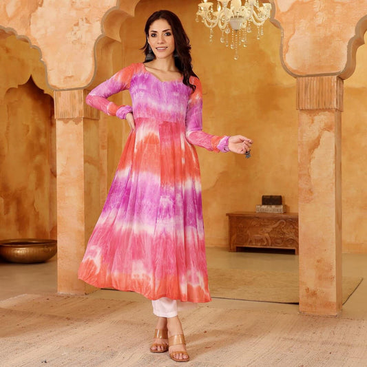 The Sunset Splash Pink and Orange Tie-Dye Anarkali