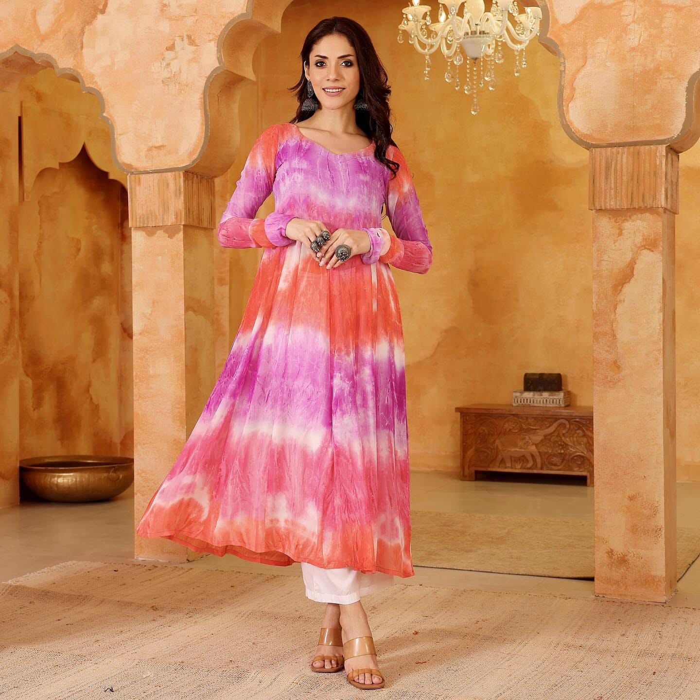 The Sunset Splash Pink and Orange Tie-Dye Anarkali