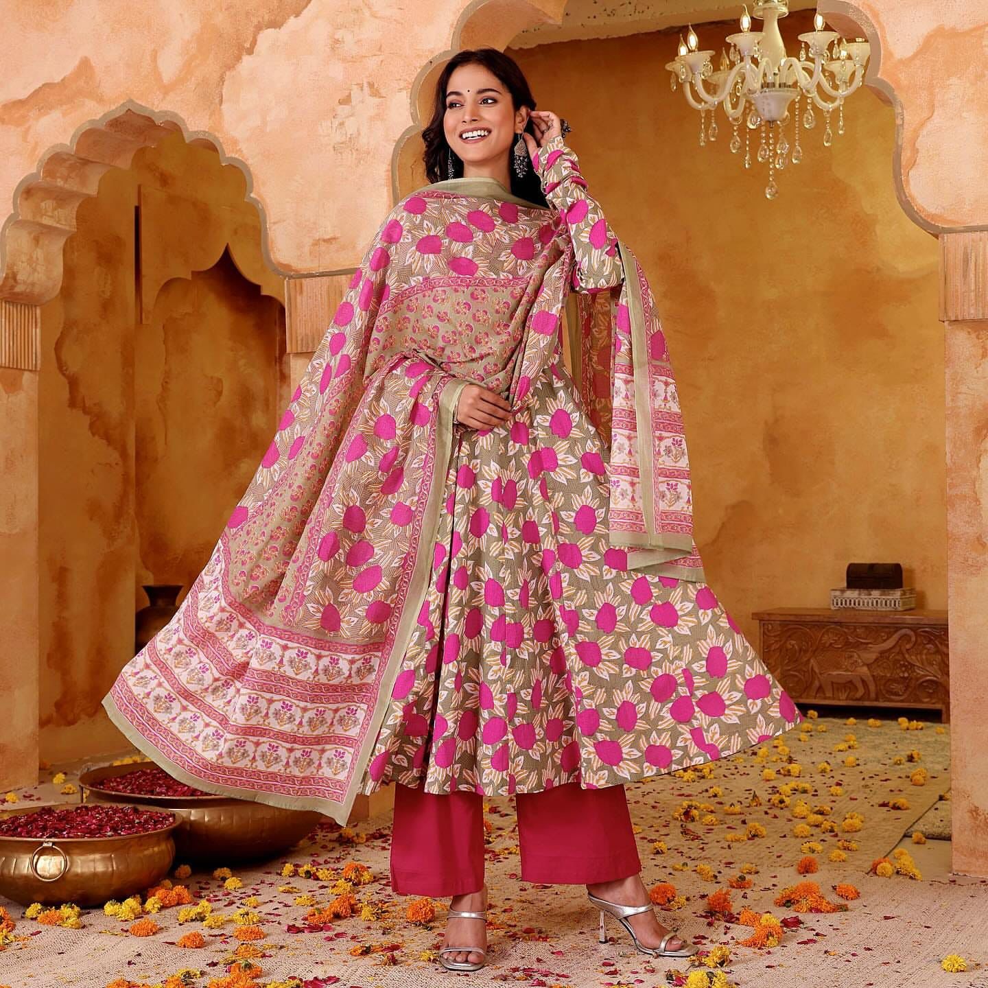 The Desert Rose  Pink and Beige Anarkali Setv