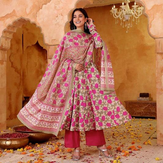 The Desert Rose  Pink and Beige Anarkali Setv