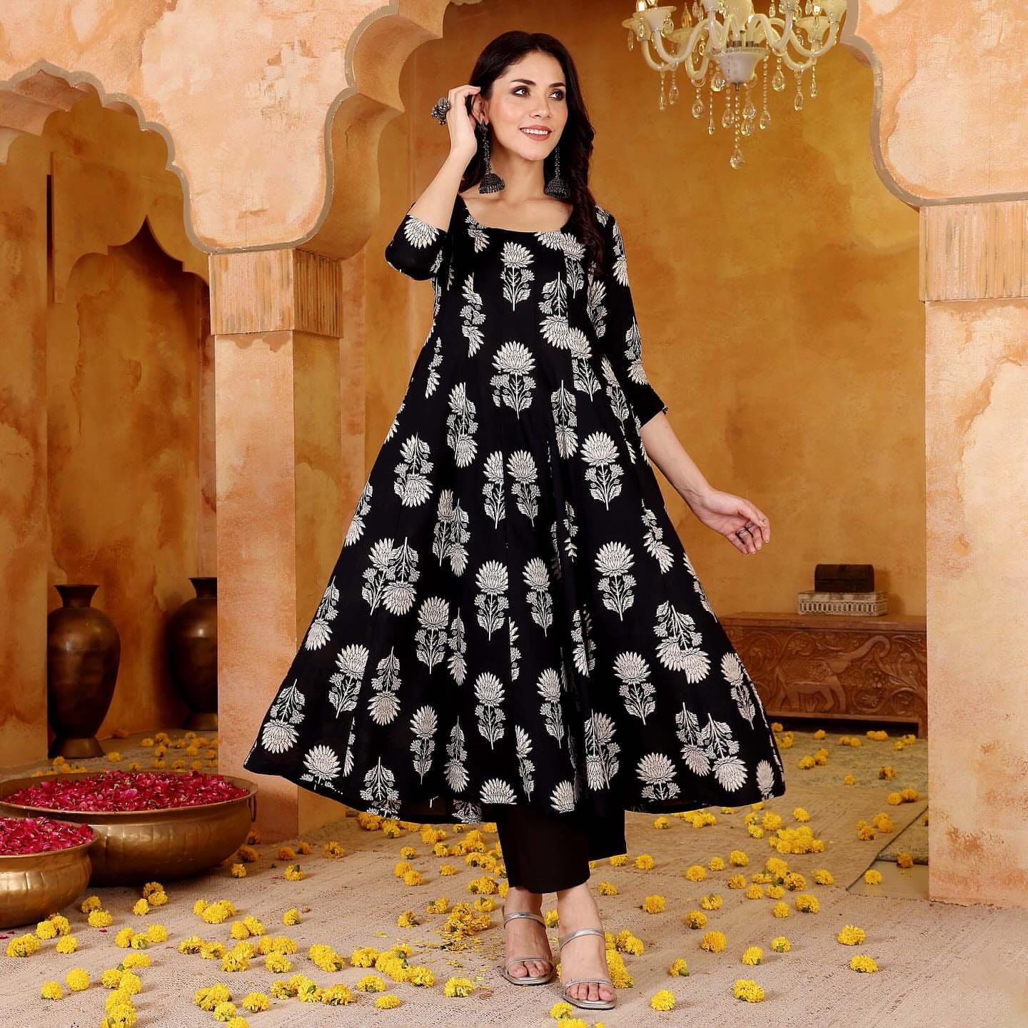 The Monochrome Black Bloom Cotton Anarkali set