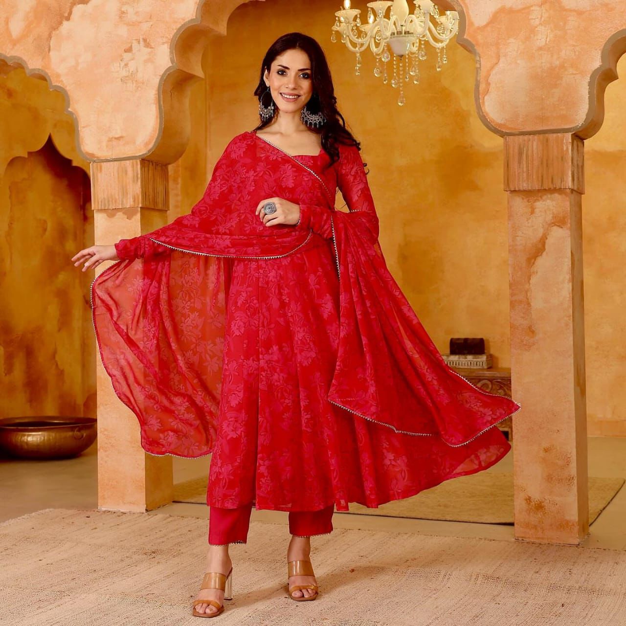Ruby Red Jaquard Flared Suit
