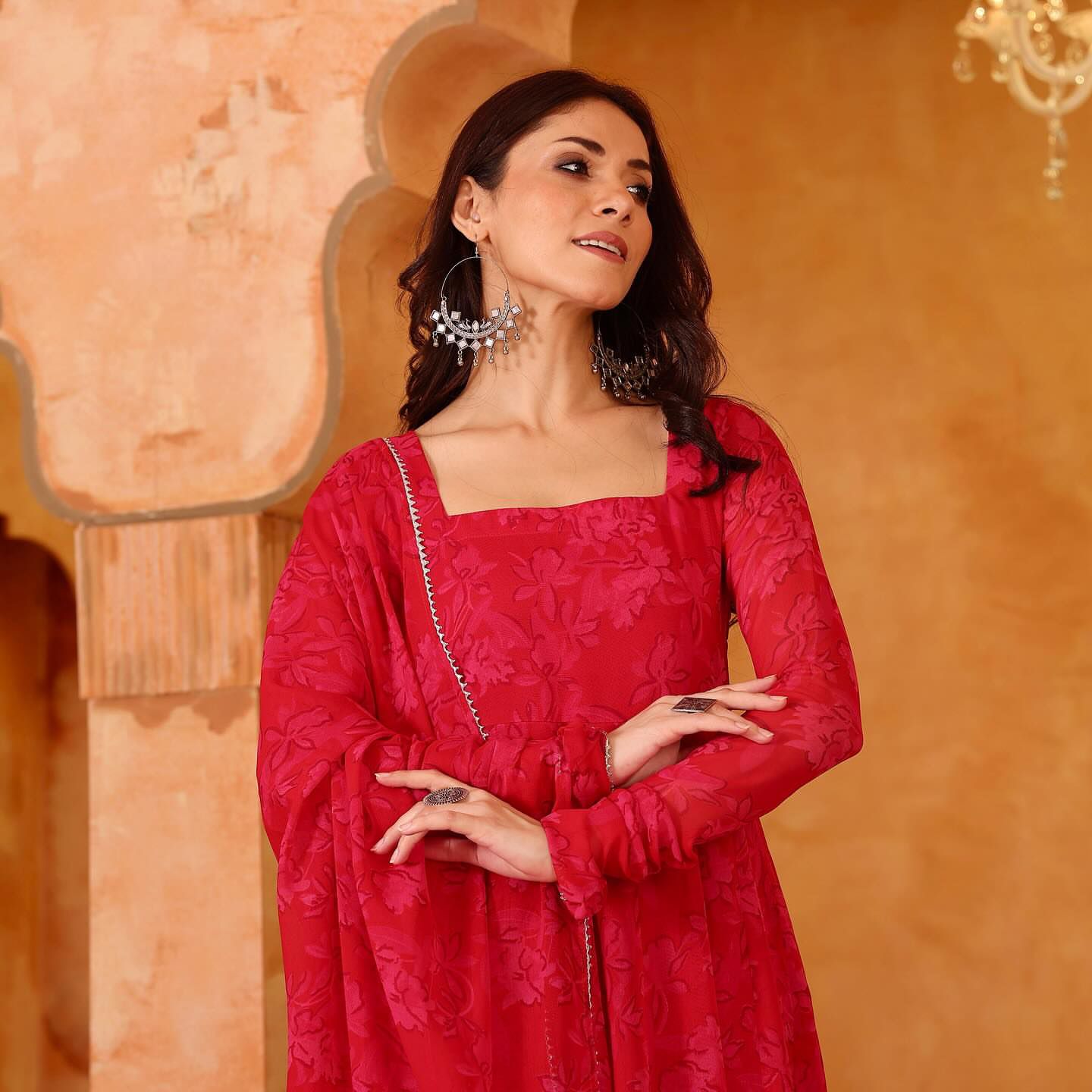 Ruby Red Jaquard Flared Suit