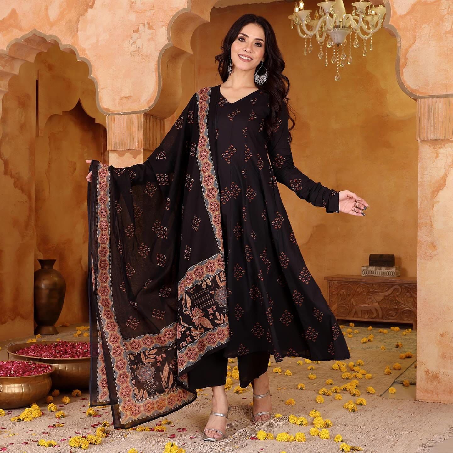 Black Floral Print Anarkali - Your Festive must-Have