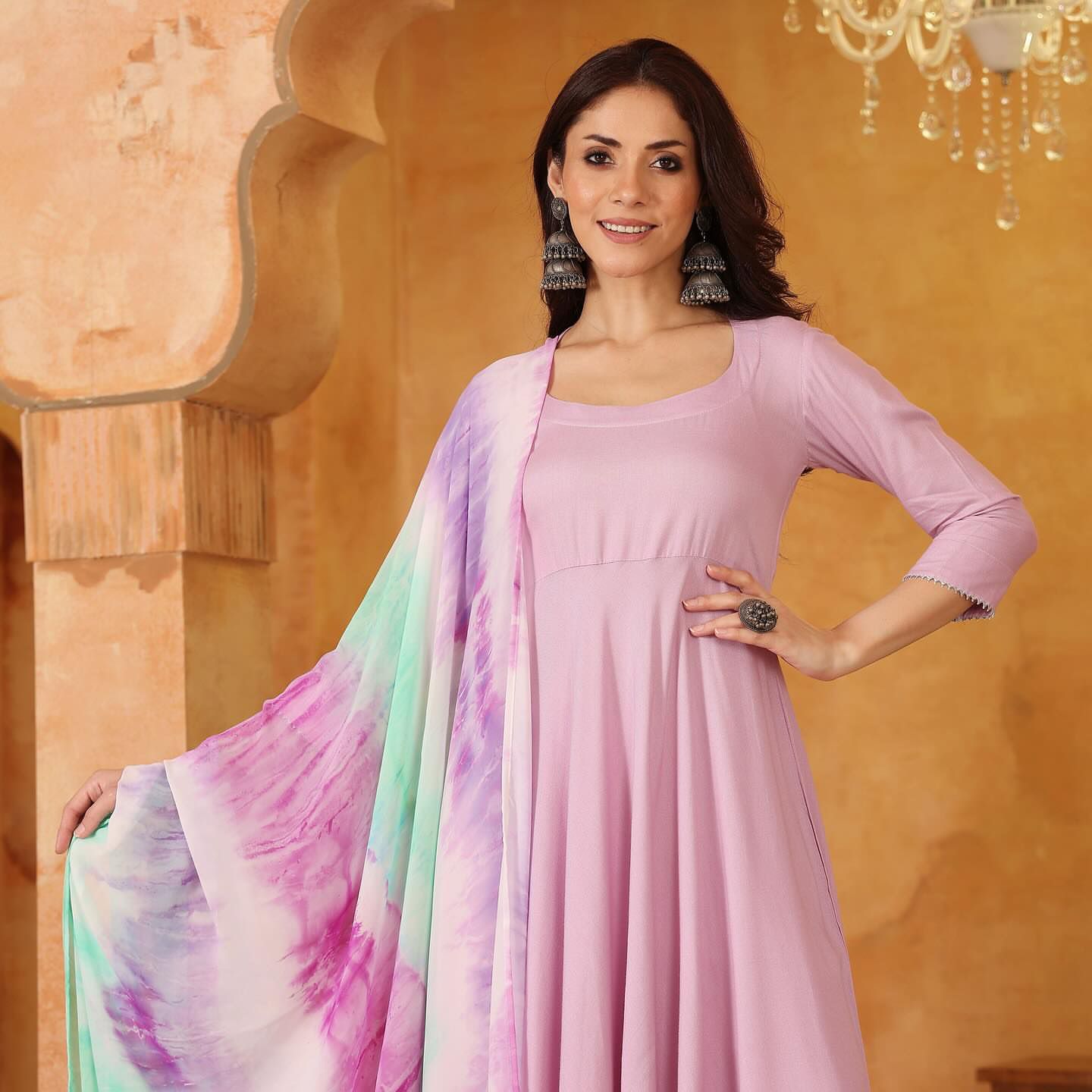 Lilac Solid Anarkali with Shibori Dupatta
