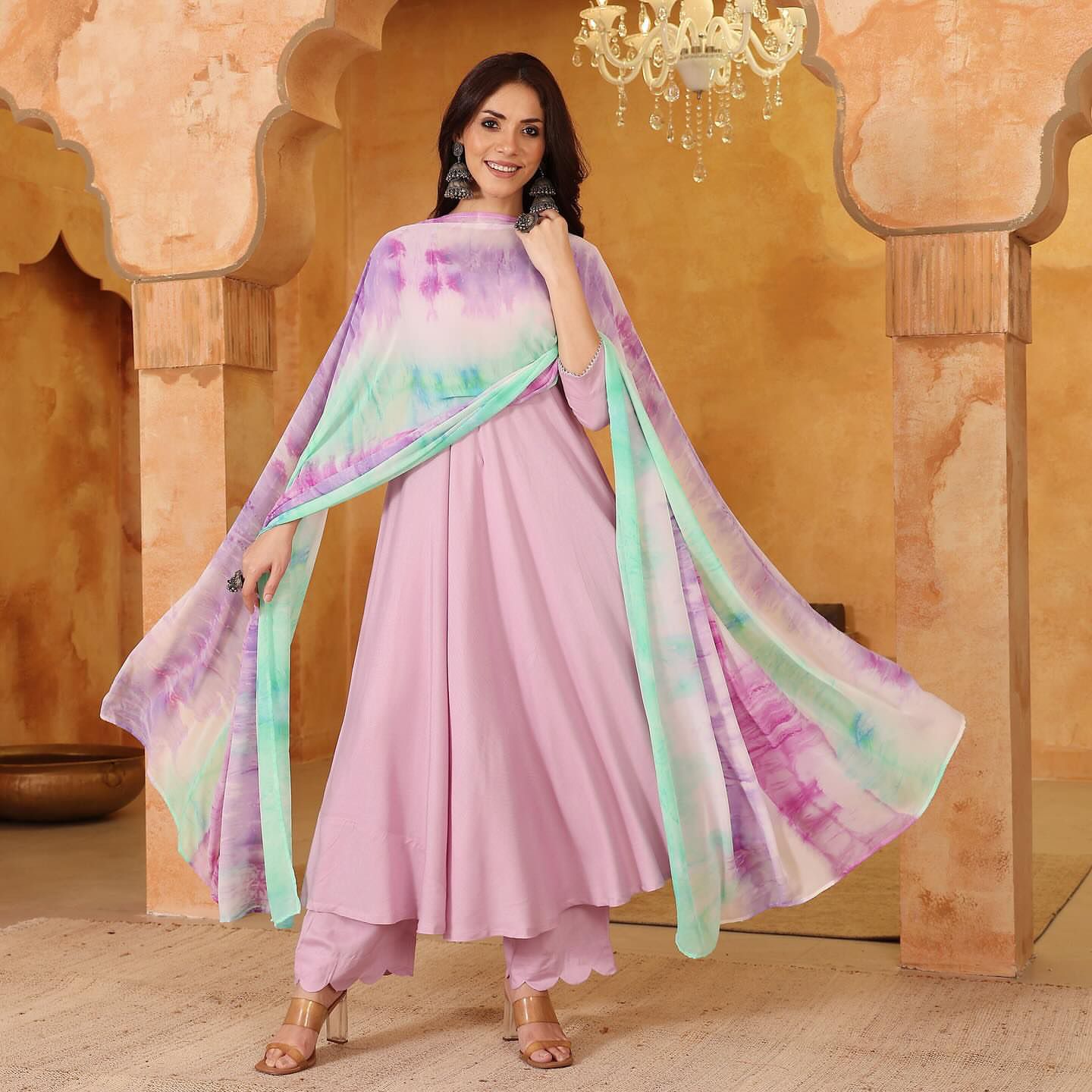 Lilac Solid Anarkali with Shibori Dupatta