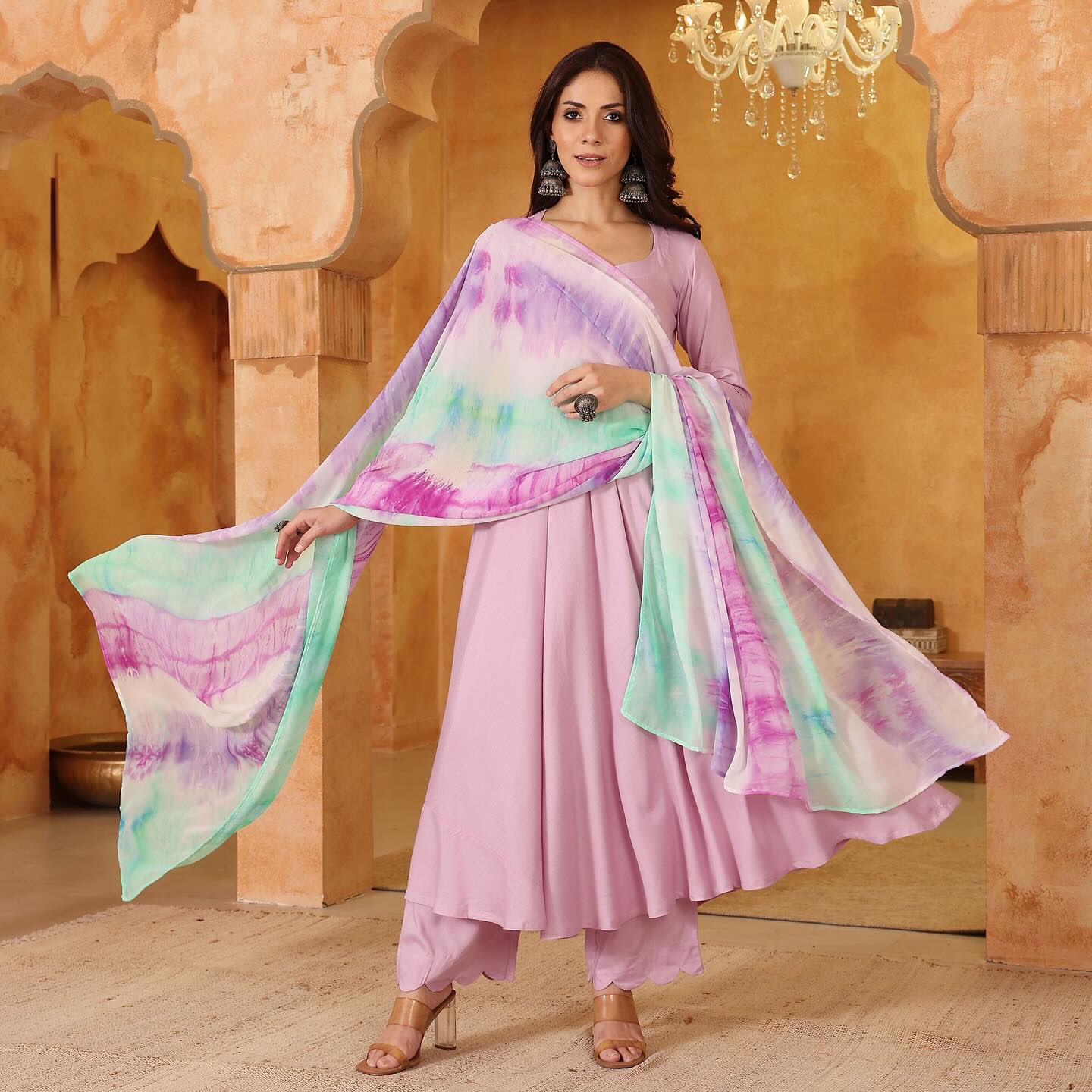 Lilac Solid Anarkali with Shibori Dupatta