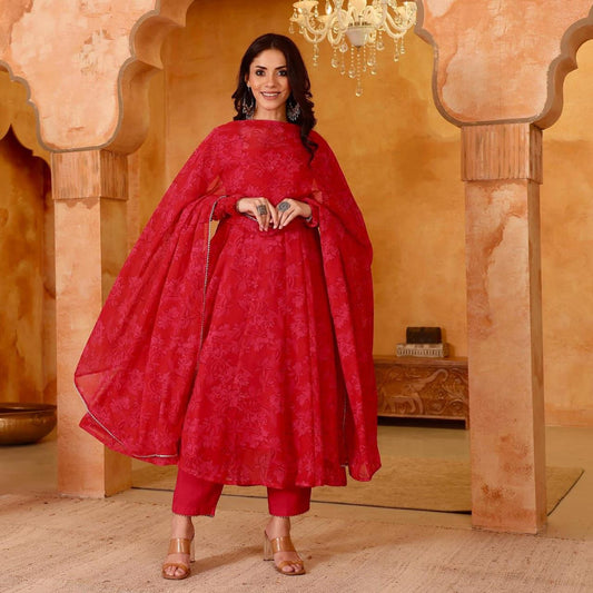 Ruby Red Jaquard Flared Suit