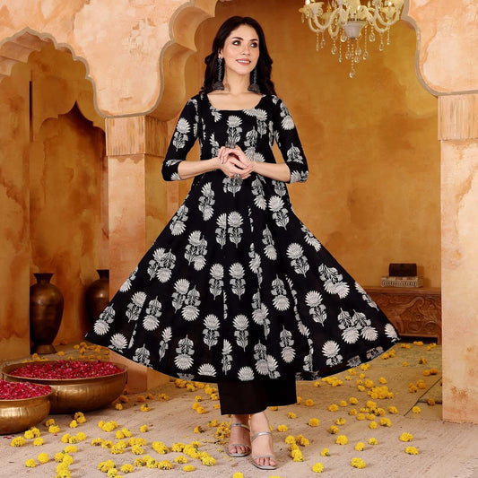 The Monochrome Black Bloom Cotton Anarkali set