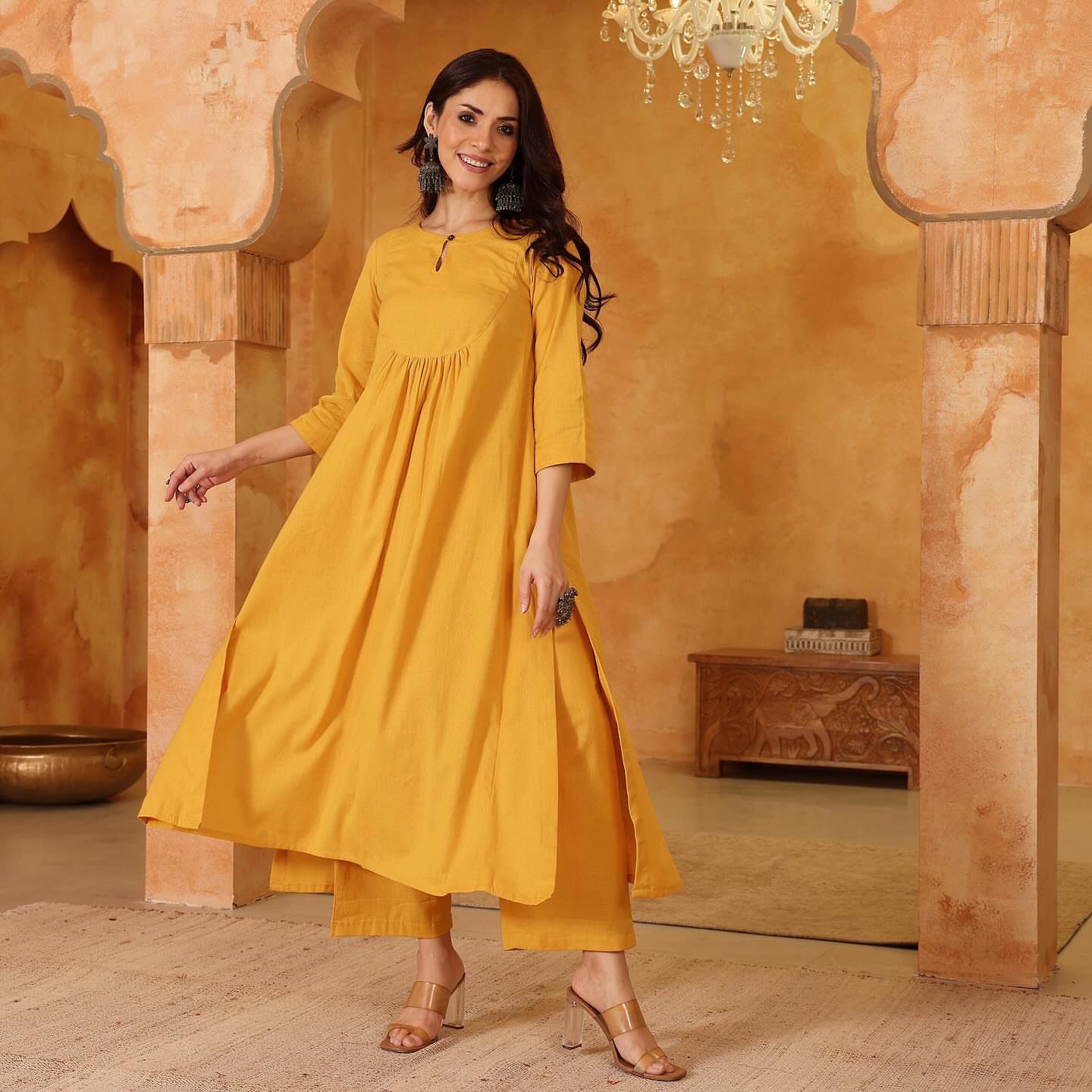Sunshine Yellow Cotton Gathered Kurta With Pants
