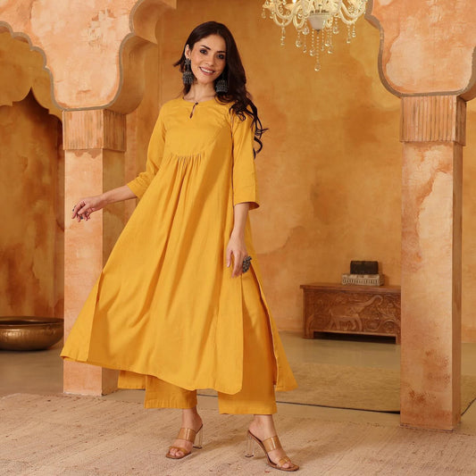 Sunshine Yellow Cotton Gathered Kurta With Pants