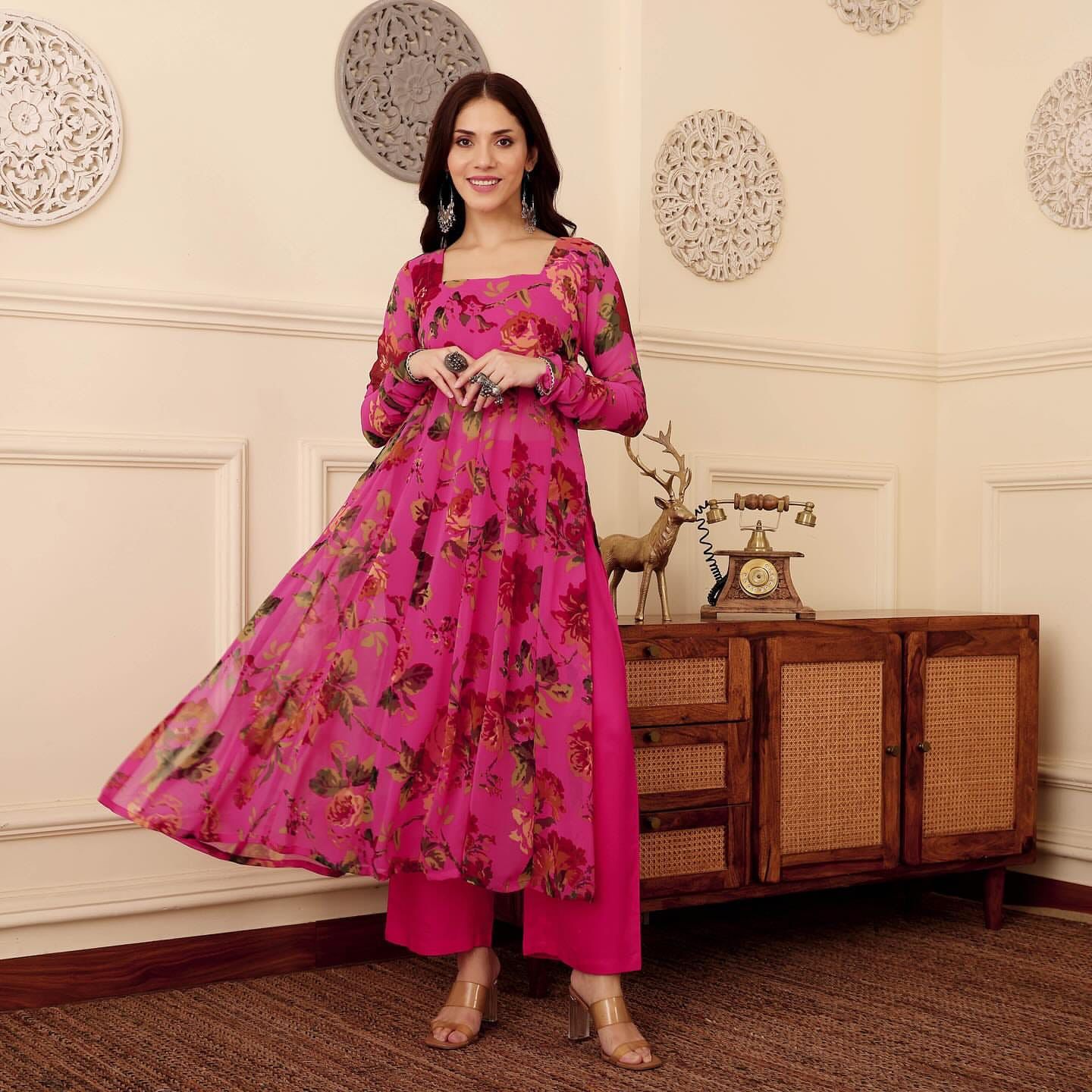 Pink SKYFABLOOM Print Flared Anarkali Dress
