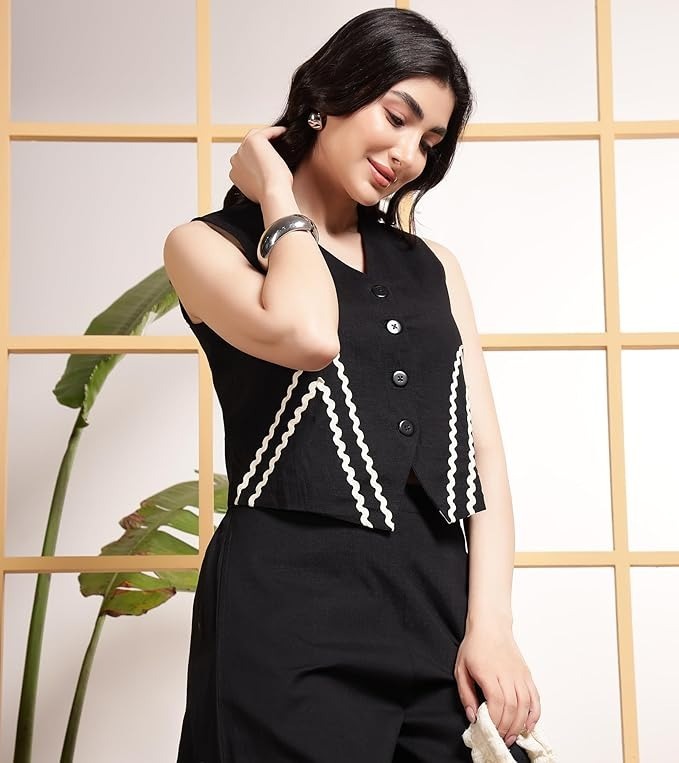 sleeveless jacket style tope with Wide - leg palazzo pants - Co ords set