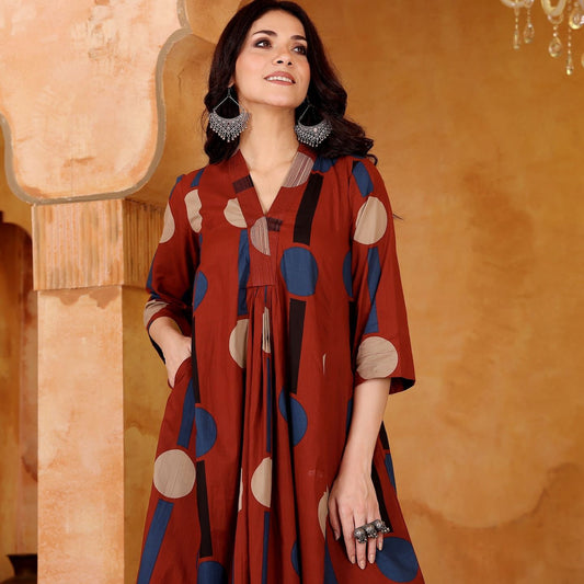 Rust Brown Abstract Printed A-Line Kurta Set
