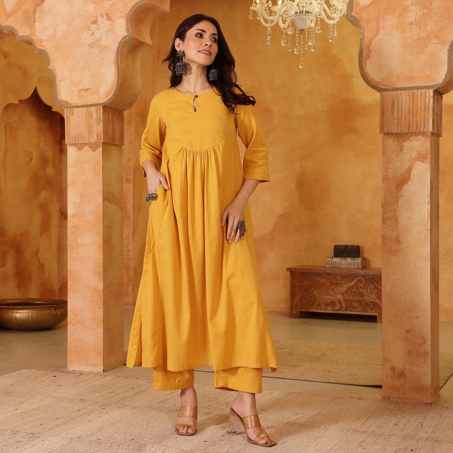 Sunshine Yellow Cotton Gathered Kurta With Pants