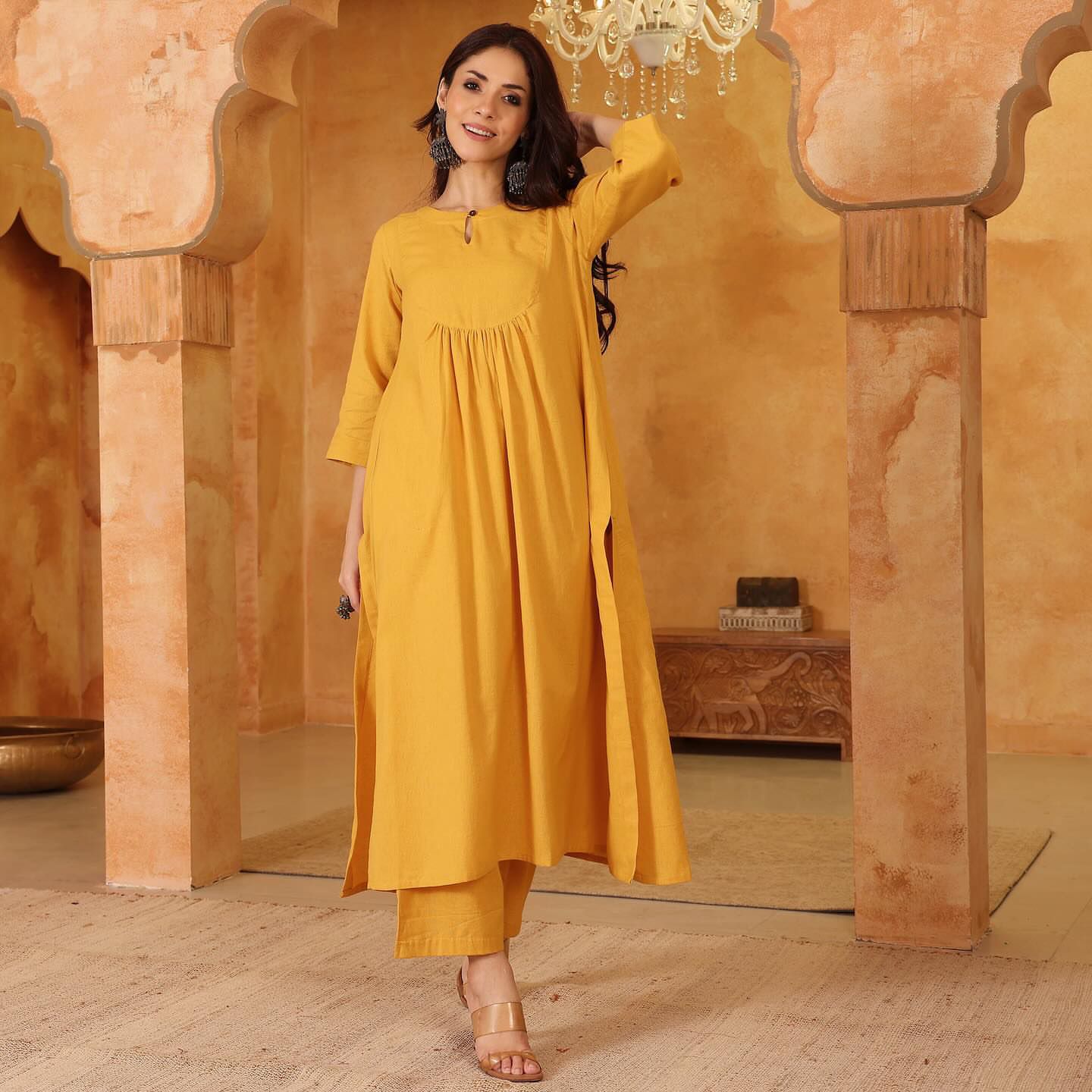 Sunshine Yellow Cotton Gathered Kurta With Pants