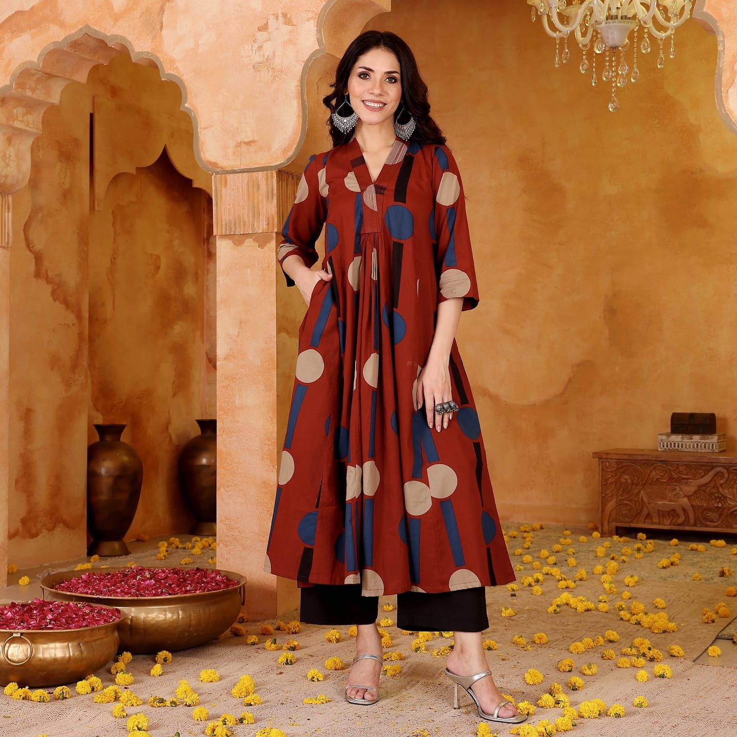 Rust Brown Abstract Printed A-Line Kurta Set